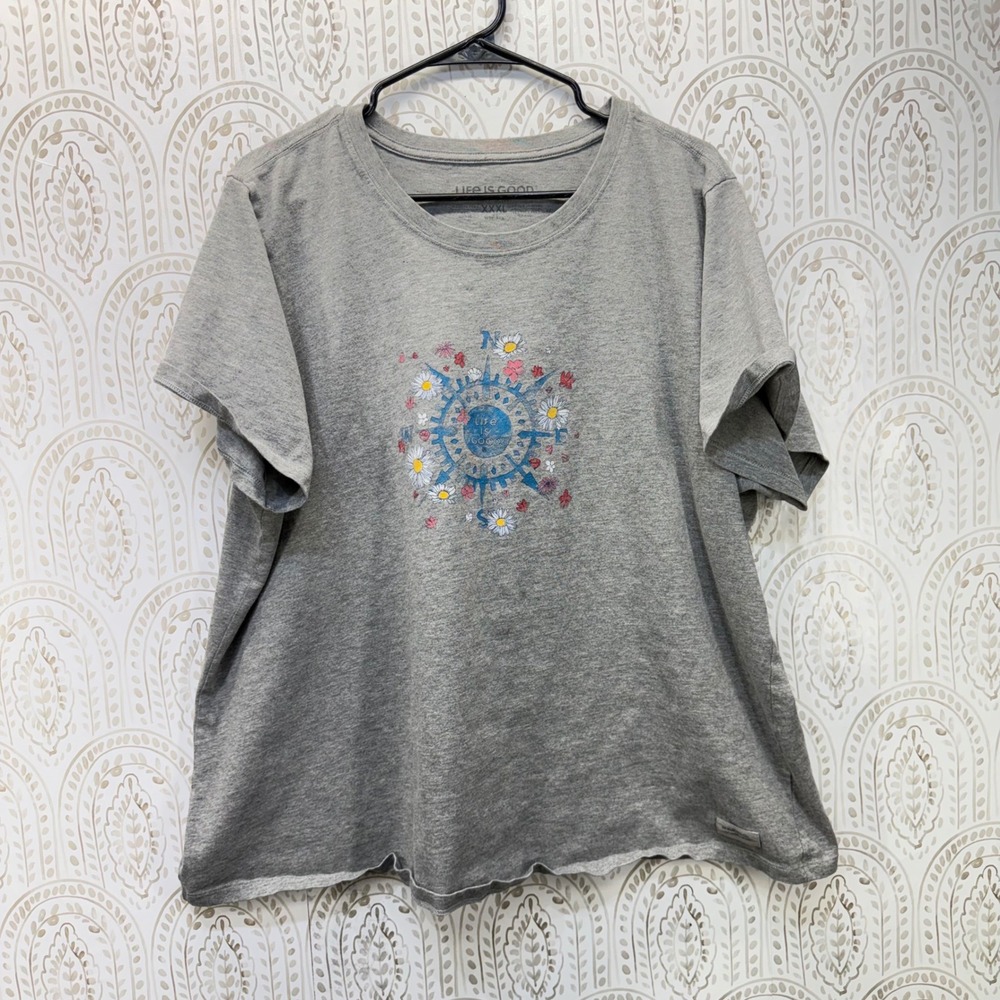 Life is Good T-Shirt Womens XXXL Gray Floral Compass Short Sleeve Graphic Tee